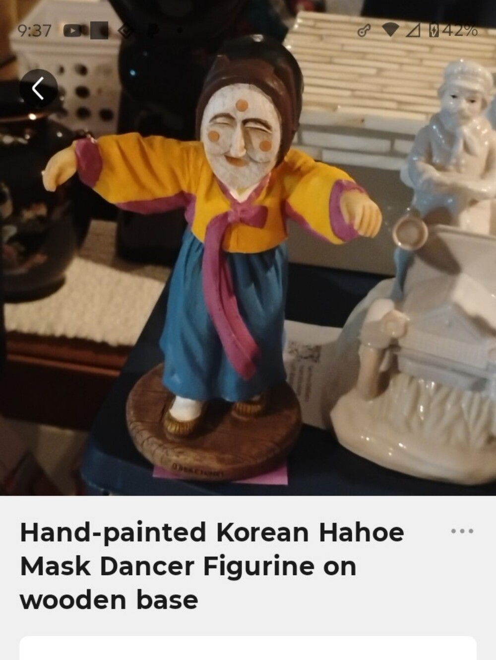 Hand-Painted Korean Hahoe Mask Dancer Figurine - Blue and Yellow Robe